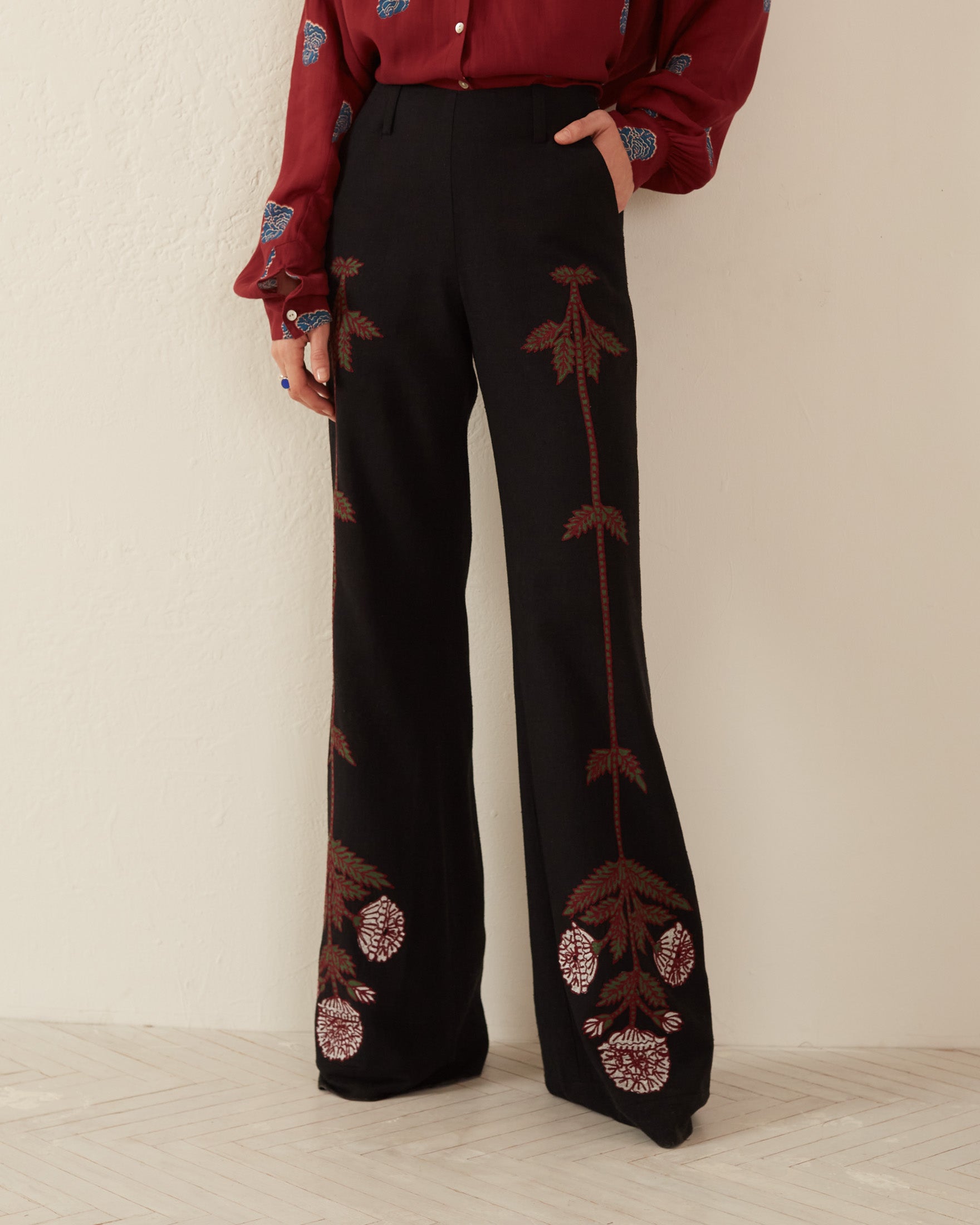 Black flower-embroidered sheer pants, AGATHE