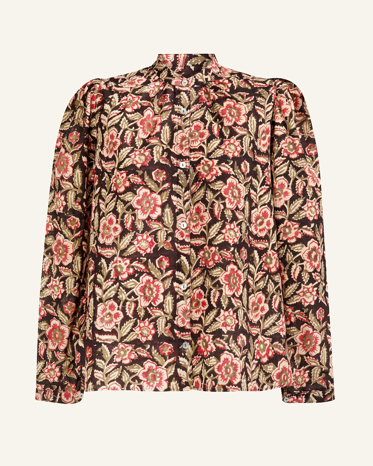 Introducing the Annabel Black Dahlia Shirt, a women's long-sleeved, button-up blouse adorned with a floral pattern in shades of red, pink, and beige on a dark brown background. This stylish piece features a high collar and puffed shoulders.