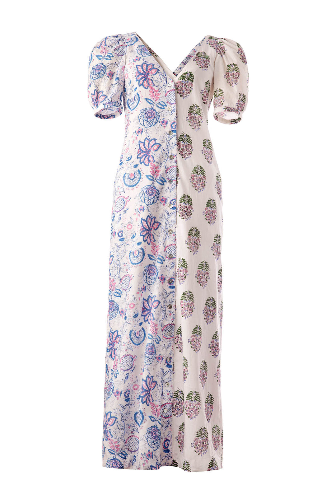 The Fifty Fifty Bloom Dress is a long, hand block printed V-neck dress featuring short, puffed sleeves. This A-line dress showcases a unique split design: one side is decorated with a blue and pink floral pattern, while the other side features a green and brown floral motif on a white background.