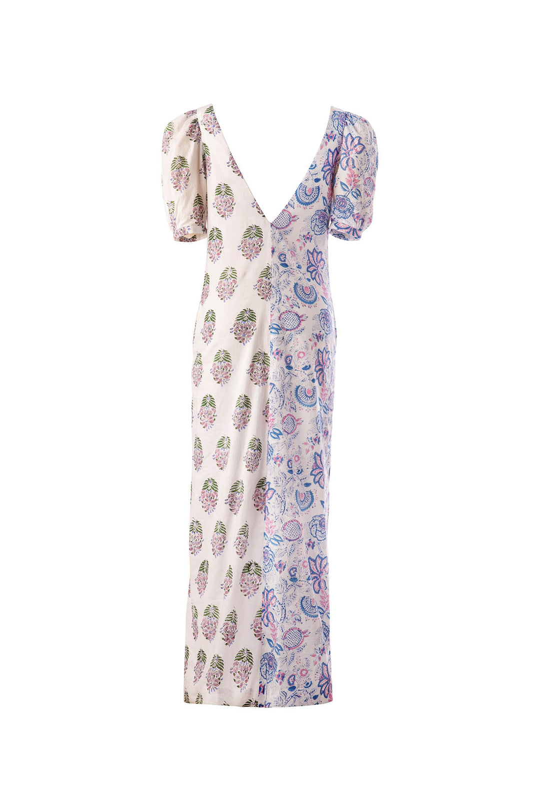 The Fifty Fifty Bloom Dress exudes elegance with its hand block printed design, featuring a V-neck and delightful puffed short sleeves. The left side displays a white backdrop adorned with green and purple leaf patterns, while the right side mesmerizes with a blue and pink floral motif.