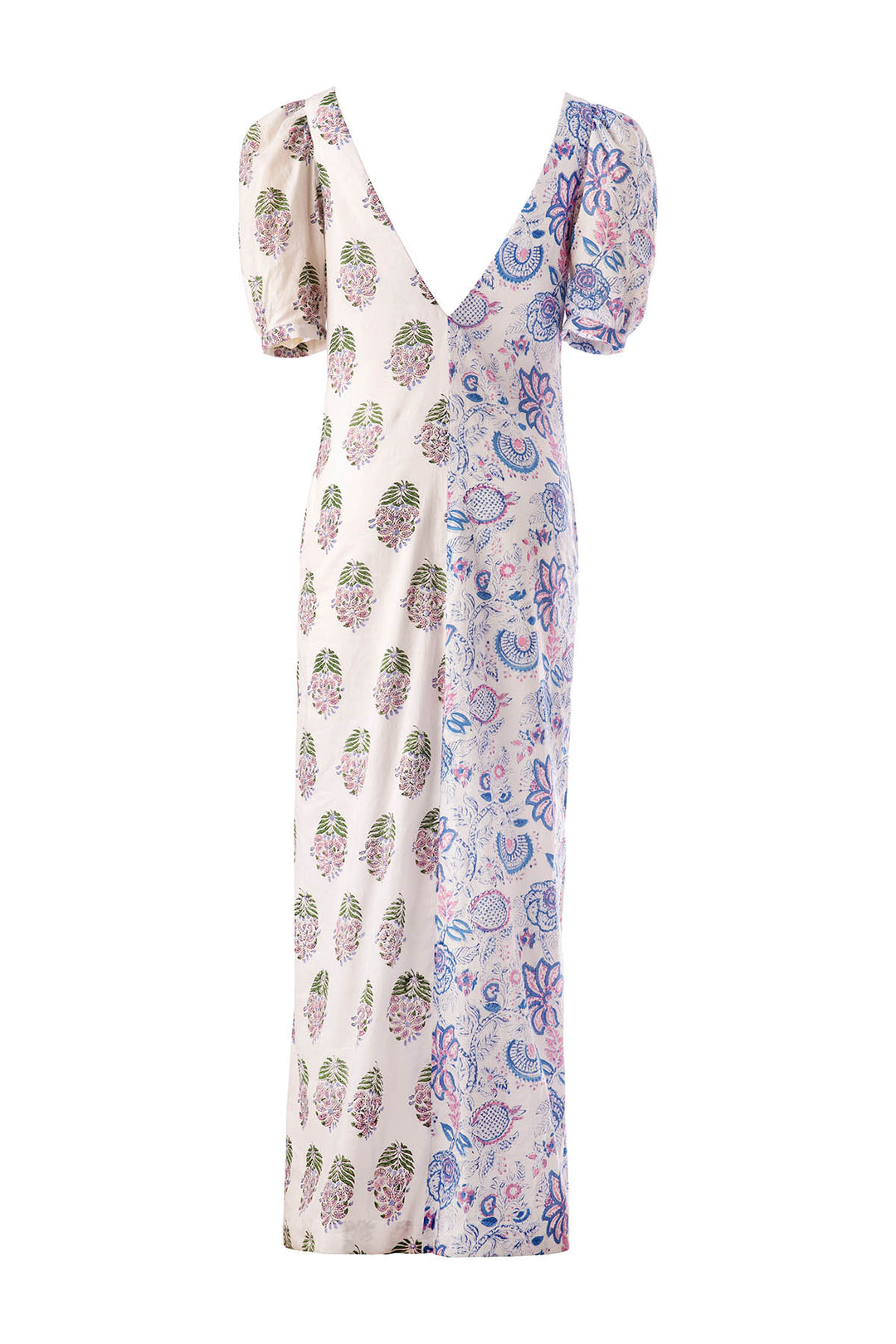 Introducing the Fifty Fifty Bloom Dress: A long A-line V-neck dress with puffed sleeves, highlighting a striking dual design. The left side features a hand block printed pink and green floral pattern on cream fabric, while the right side displays an elegant blue and pink paisley pattern on a white background.