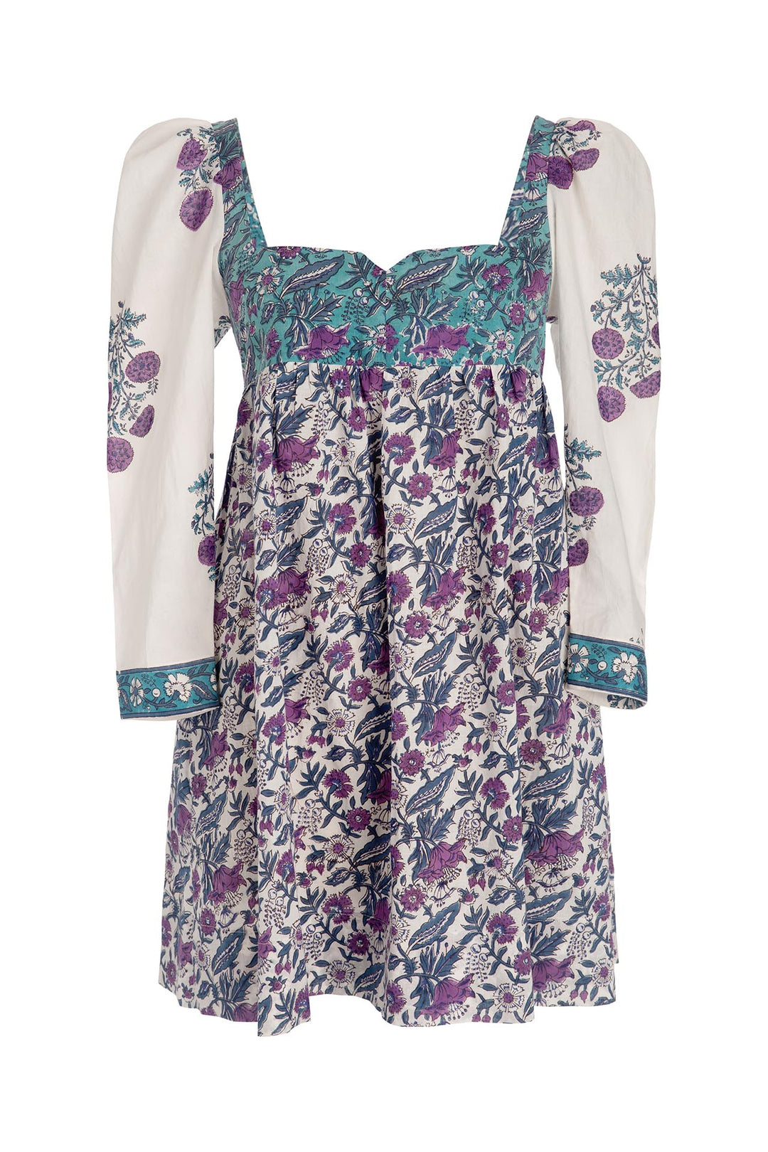 The Christina Lilac Dress features a floral square neck and empire waist design, complete with long puff sleeves. It showcases a mix of purple and teal patterns, while the bodice includes adjustable corset ties. The skirt gracefully flares out, adorned with botanical prints. The white sleeves are embellished with purple flowers and teal accents.