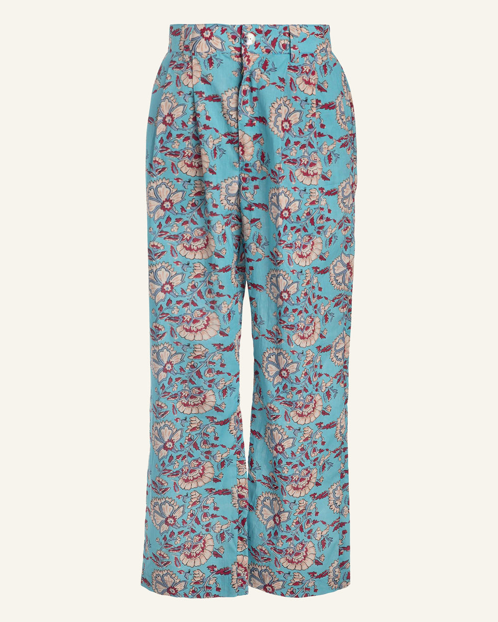 The Catch Azur Pant features a high-waist, wide-leg design adorned with a vibrant floral pattern in shades of blue, pink, and cream. Made from lightweight fabric, these artisan-crafted pants ensure a relaxed fit that is ideal for any occasion.