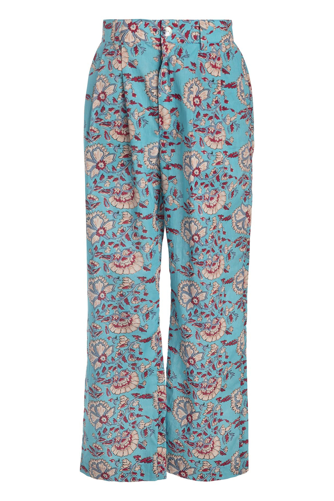 Catch Azur Pant: Turquoise wide-leg pants with a high-waisted elastic waistband and pleats, adorned with a vintage-style print featuring red, beige, and white floral patterns.