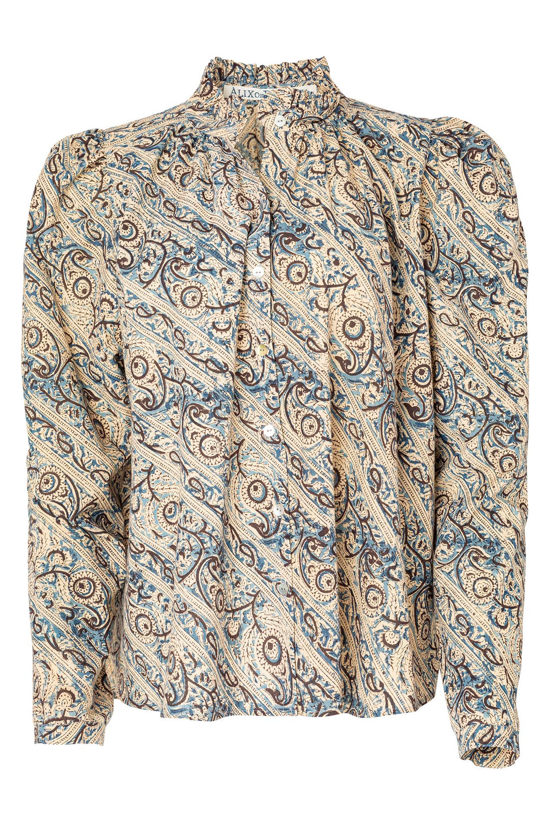 Introducing the Annabel Frost Shirt: a long-sleeved blouse featuring a high neck and an intricate paisley pattern in shades of blue, beige, and brown. The design is enhanced with puffed sleeves and showcases swirling motifs arranged diagonally for a classic and elegant appearance.