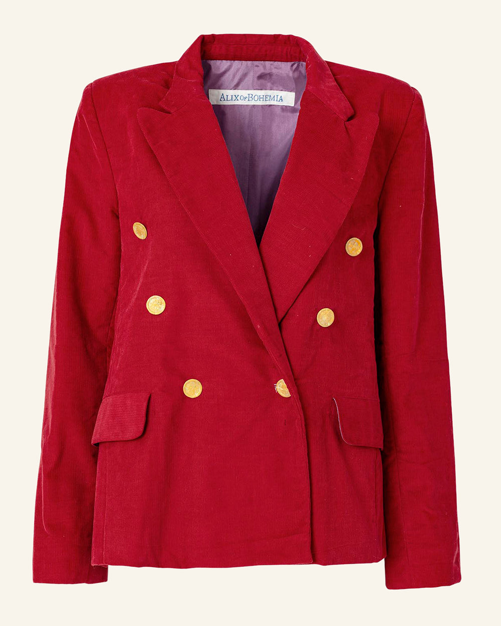 A red Augusta Ruby Corduroy Blazer, featuring a double-breasted design with gold buttons and two front pockets, displayed against a plain background. The label inside reads "ALIX of BOHEMIA.