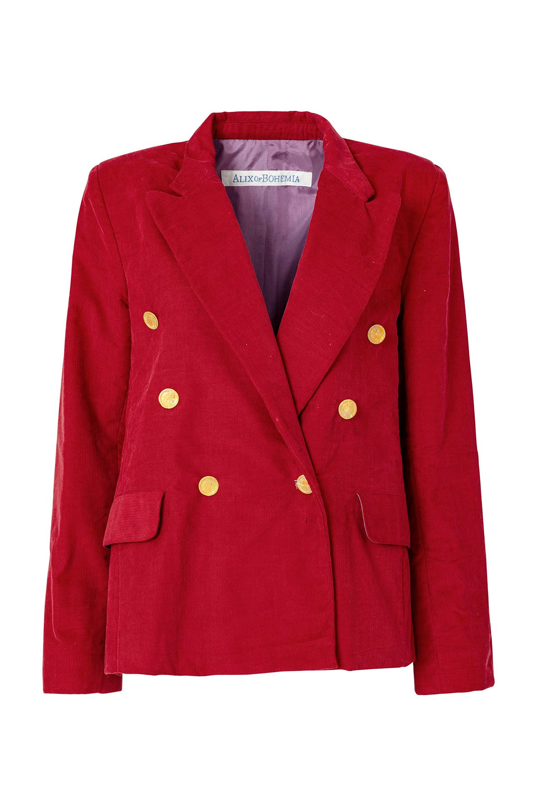 A striking Augusta Ruby Corduroy Blazer, featuring a vibrant red color, double-breasted design with brass buttons, and two front flap pockets. The label inside reads "Alix of Bohemia," and it boasts an oversized fit against a plain white background.