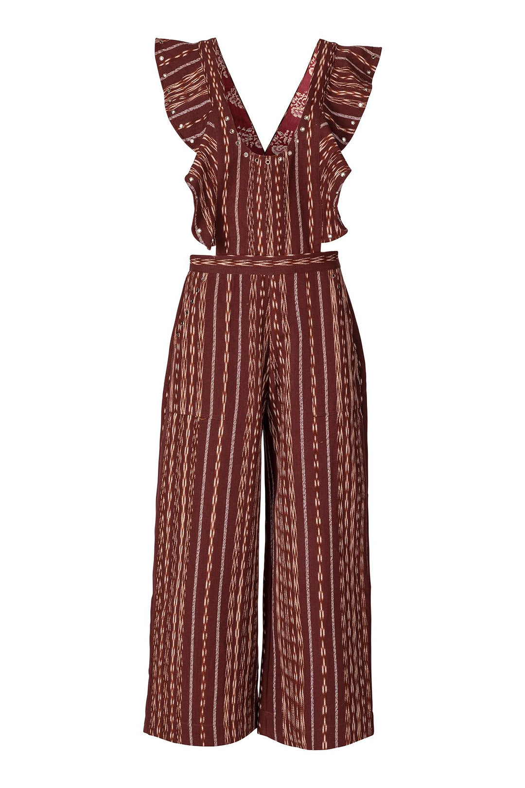 Introducing the Indie Tobacco Ikat Overall: a sleeveless brown jumpsuit adorned with white vertical stripes, made from an artisanal textile. It features wide legs and ruffle accents on the shoulders, beautifully displayed on a white background.