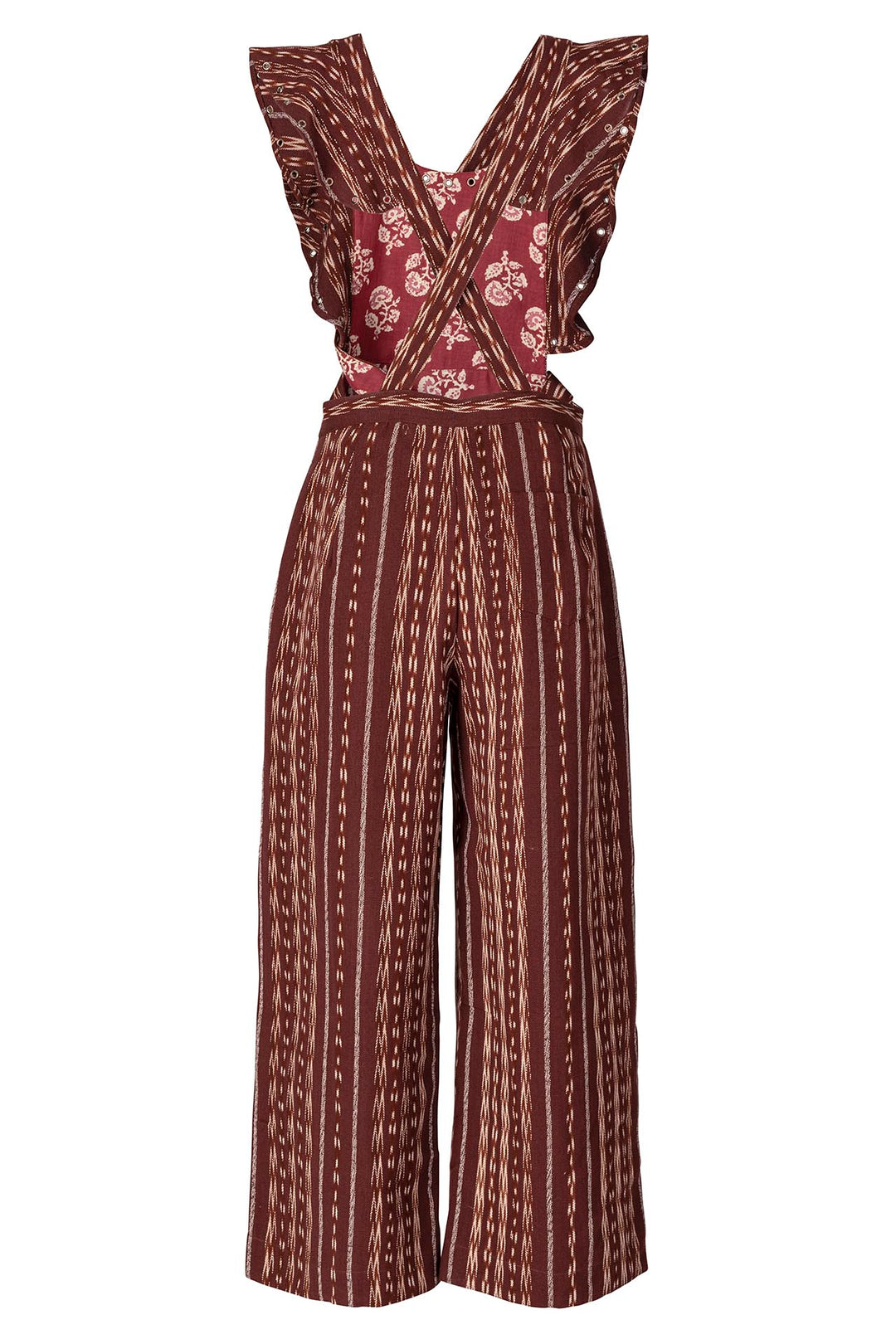 This hand-loomed Indie Tobacco Ikat Overall features a floral-patterned bodice with ruffled sleeves and cross-over straps against a background of brown fabric interwoven with vertical white stripes. The wide-legged pants offer a stylish, casual flair.