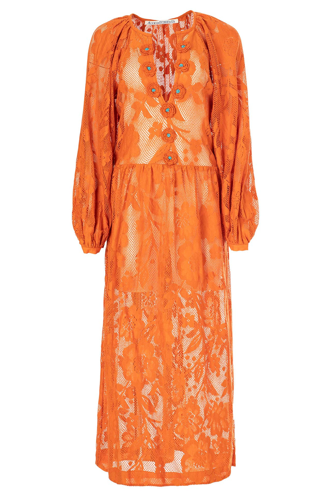 Celeste Orangerie Lace Dress in orange cotton, decorated with crochet flowers, long sleeves, and a buttoned front placket.