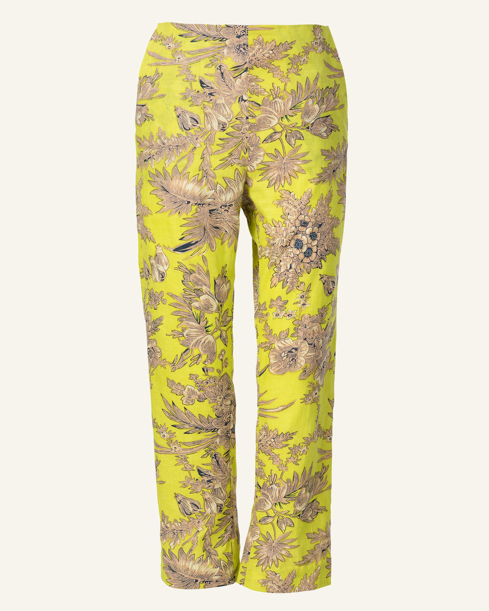 Introducing the Penny Acid Green Toile Pant, featuring a slim cropped leg with an intricate hand-printed floral pattern in shades of brown and blue. This design exudes a vintage botanical feel, adorned with detailed leaves and flowers, complemented by a convenient side zipper against a light background.