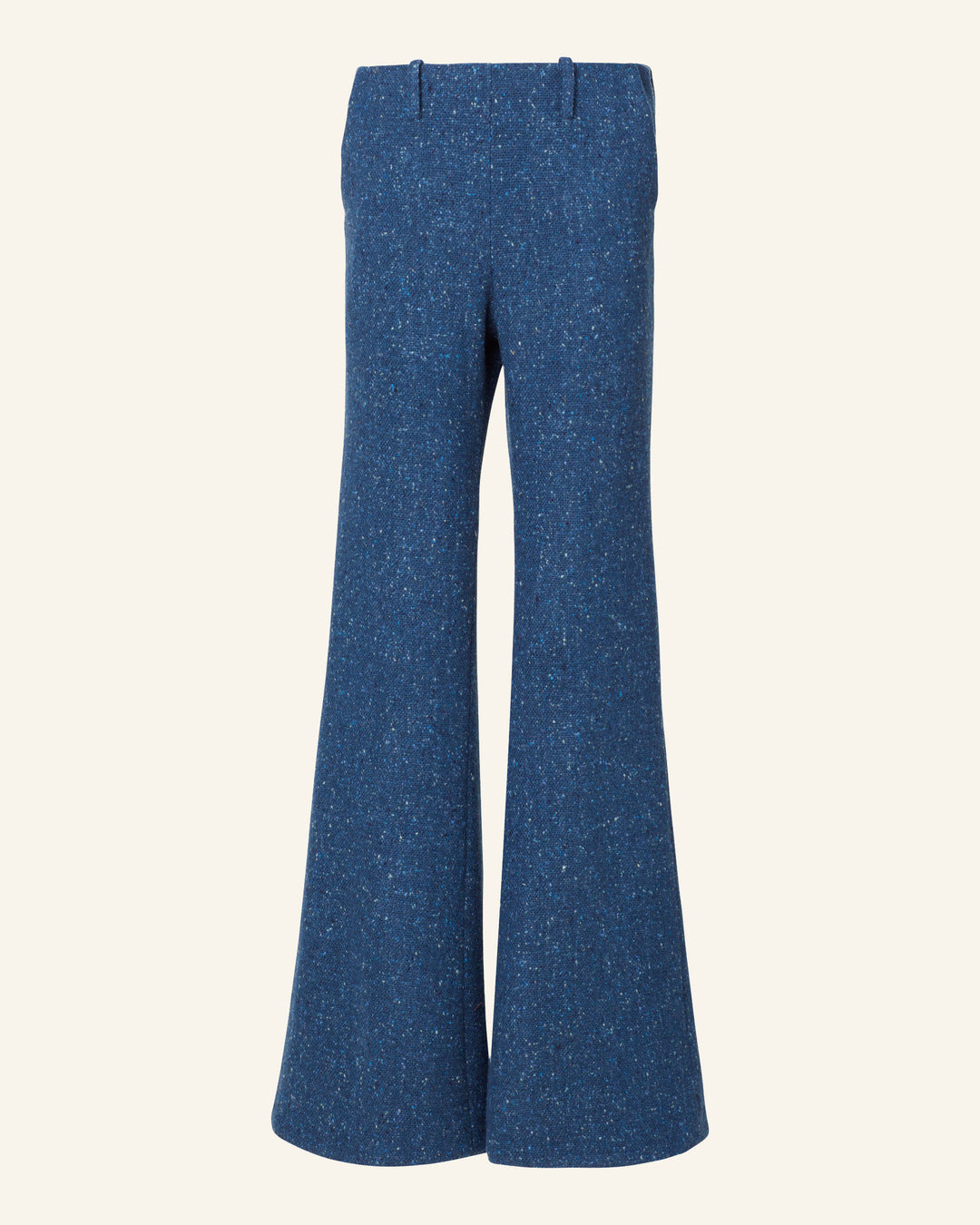 The Charlie Blueberry Tweed Pant, showcasing a high-waisted design and soft fabric texture with a discreet side zipper, is displayed against a plain background.