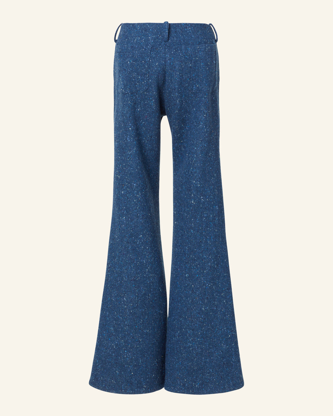 Back view of the Charlie Blueberry Tweed Pant, showcasing blue English wool tweed fabric with a high-waist design and visible seams. These flared leg pants include belt loops, a side zipper, and a textured fabric, set against a plain background.