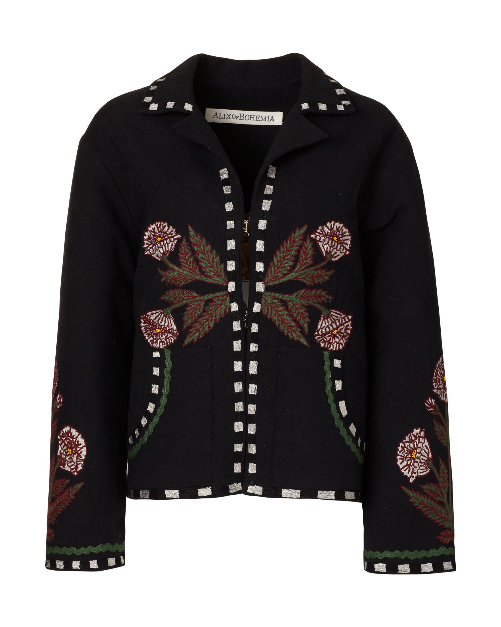 The Western Black Bloom Jacket is a black jacket with white trim, featuring a floral pattern of red and white flowers along with green leaves, all enhanced by intricate hand beading on luxurious Indian silk slub.