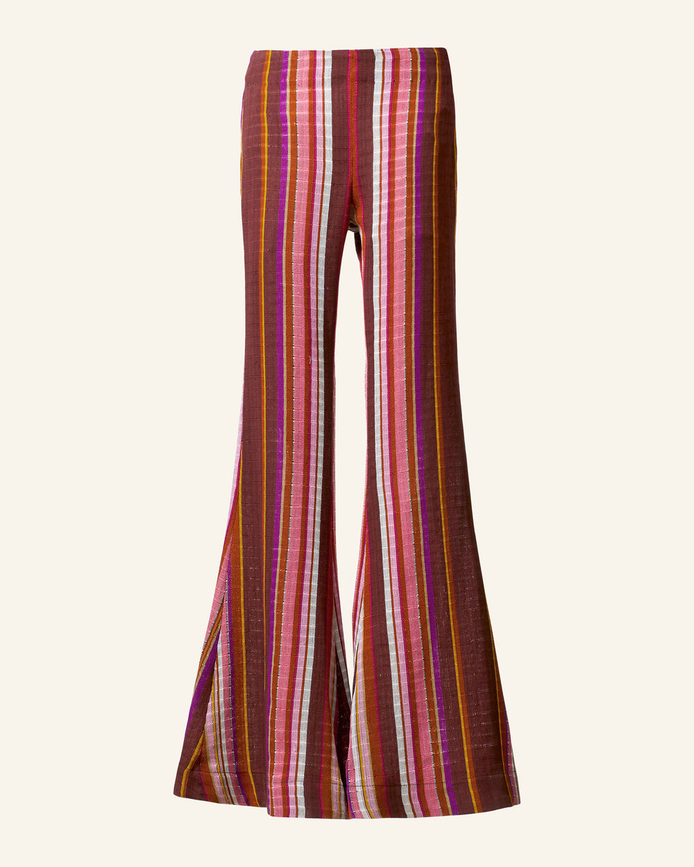 Farah Berry Truffle Flare Pant featuring vertical stripes in shades of brown, pink, purple, and cream on a light background.