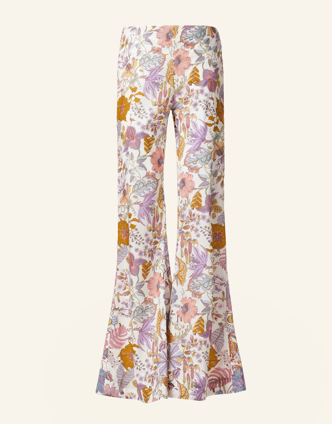 The Farah Faded Eden Flare Pant showcases a vintage-inspired '70s bell bottom style with a Liberty-print floral design in pink, purple, yellow, and white on a light background. These pants are crafted from premium Italian cotton for an elegant touch.