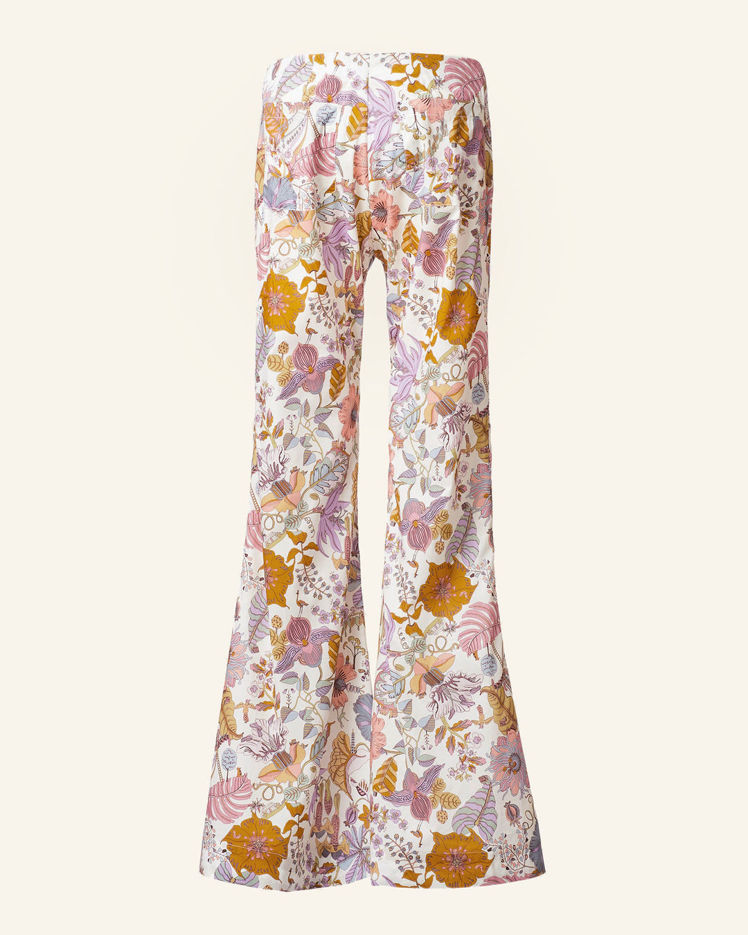 The Farah Faded Eden Flare Pant, made from Italian cotton, features a vintage-inspired '70s style with floral patterns in autumnal hues, elegantly displayed against a neutral background. These Liberty-print pants are a timeless addition to any wardrobe.