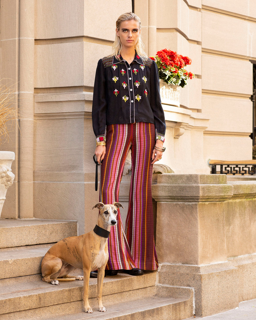 A person stands on stone steps outdoors, wearing a black shirt with floral embroidery and the Farah Berry Truffle Flare Pant, which features a subtle bell-bottom flare. A brown dog sits beside them. Red flowers in a planter are visible in the background, along with a beige building facade.