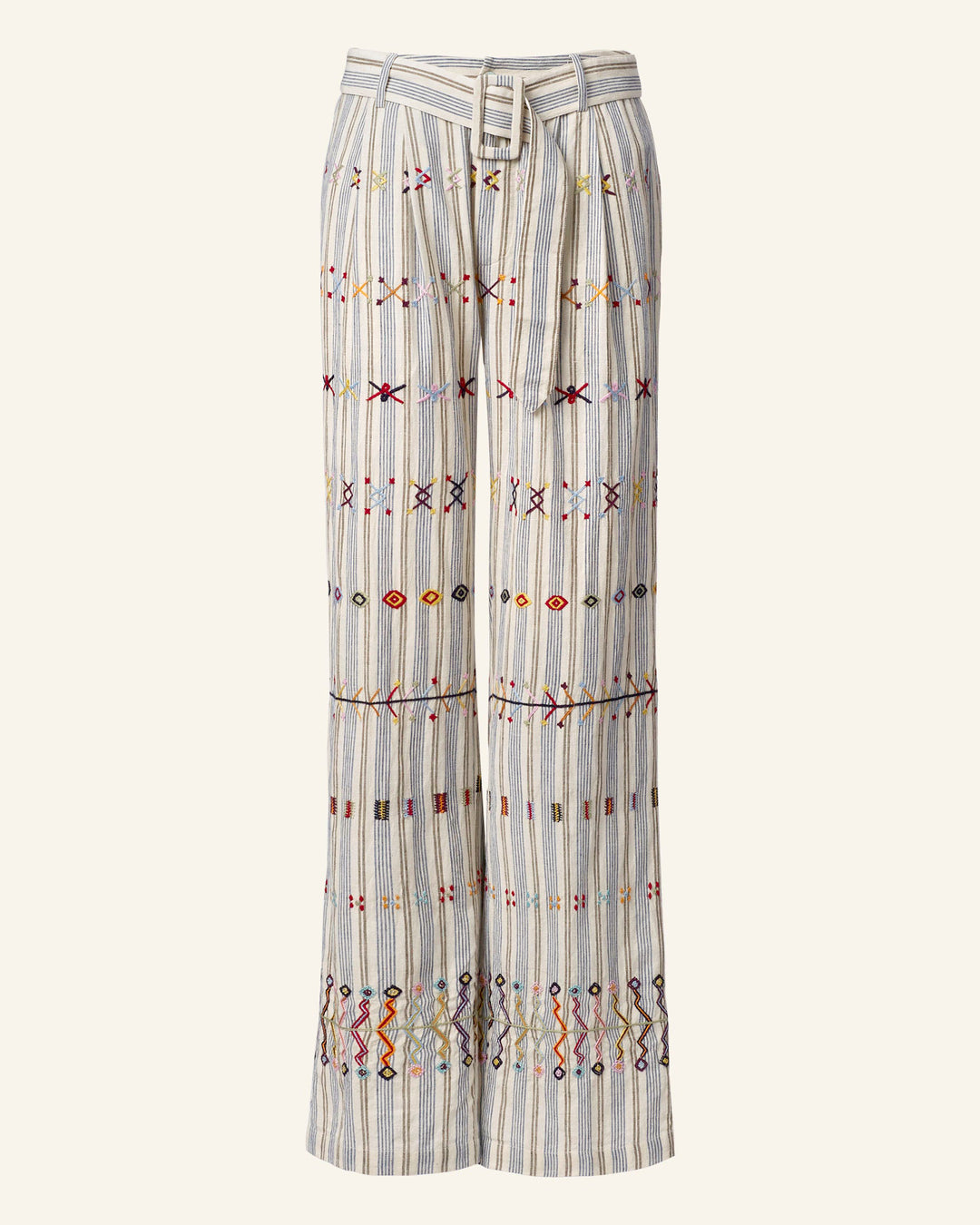 The Colette Arrow Linen Pant showcases vertical blue and white stripes adorned with vibrant, hand-embroidered designs. Crafted from Khadi cotton, these high-waisted pants include a matching belt and provide a relaxed fit, perfect for achieving a stylish and casual appearance.