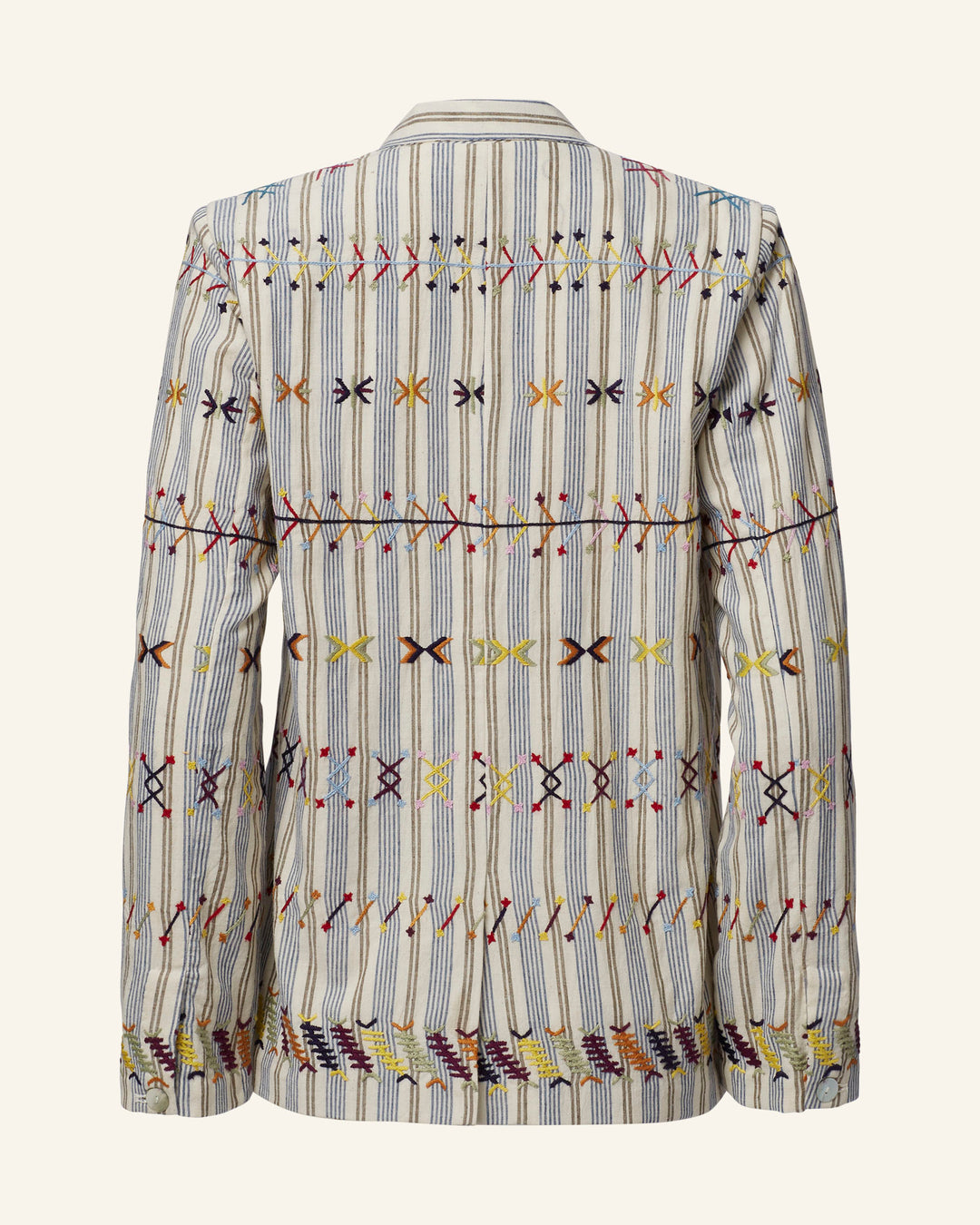 Introducing the Elodie Arrow Linen Jacket: This elegant piece features a beige vertical striped pattern crafted from Khadi cotton. It is beautifully accented with hand-embroidered geometric designs, including vibrant red, yellow, and black arrows and intersecting lines on the back for a striking contrast.