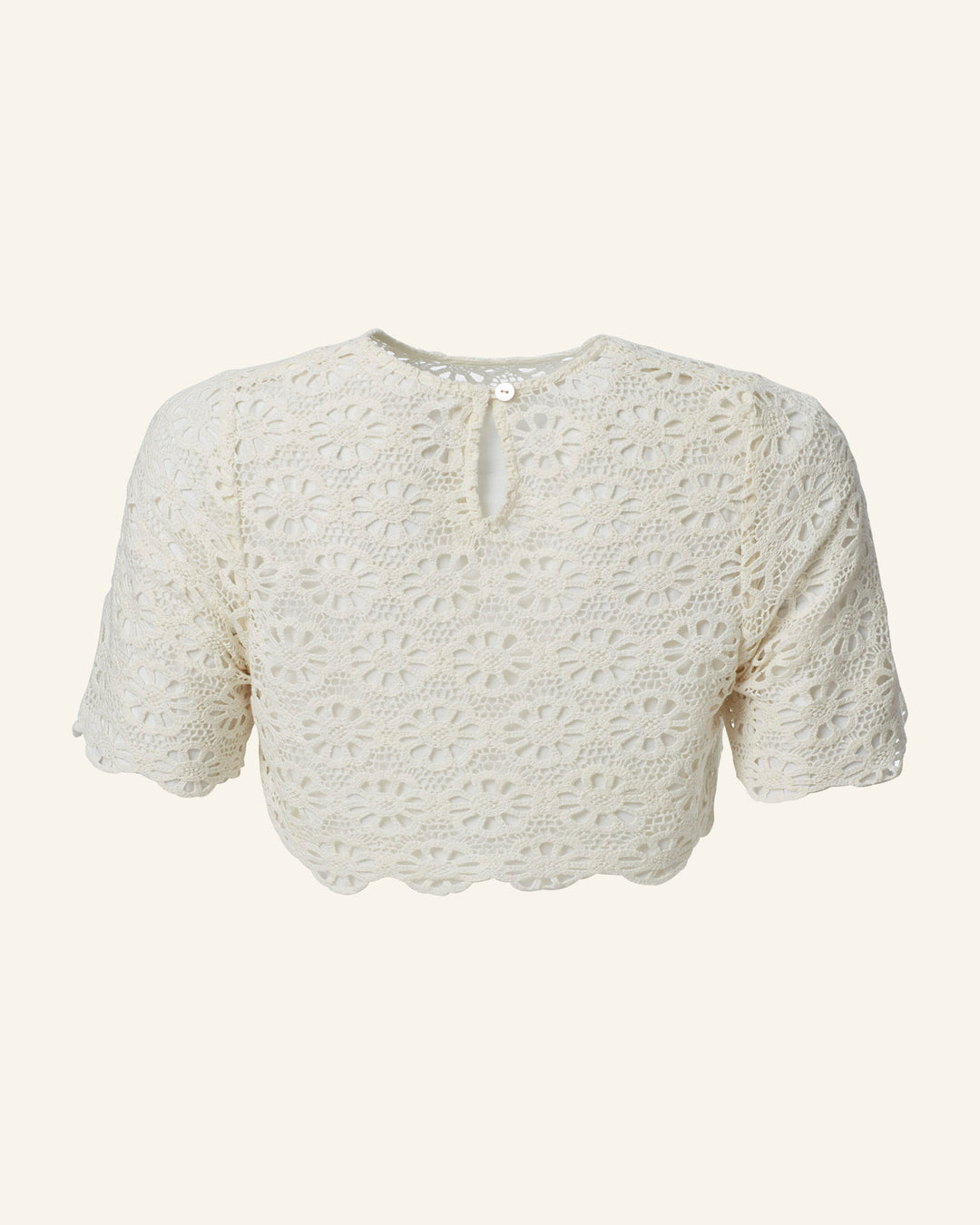 Introducing the Nala Daisy Lace Cropped Top: a cream-colored short-sleeve with a round neckline, highlighted by intricate cotton lace featuring a daisy motif and a charming scalloped hem. The back is elegantly finished with a small button clasp at the top.