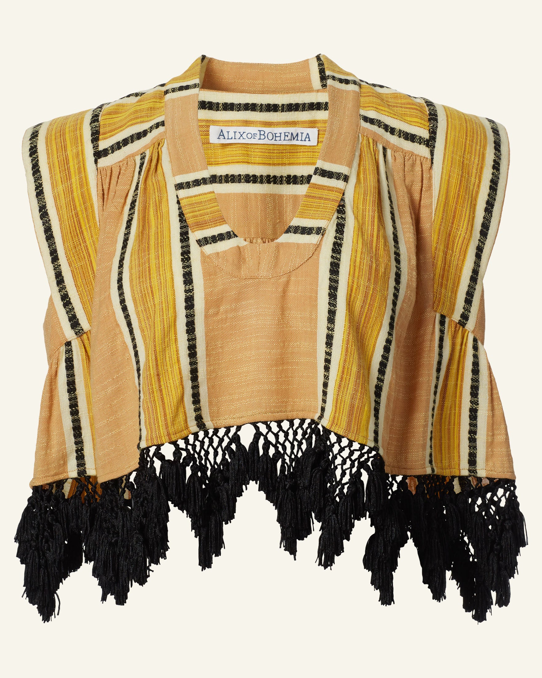 Explore the Nehru Sun Stripe Fringe Top by "Alix of Bohemia," a Bohemian piece crafted from hand-loomed cotton featuring a textured appearance. It has a yellow and black striped pattern, a V-shaped neckline, and is finished with a fringed black crocheted hem.