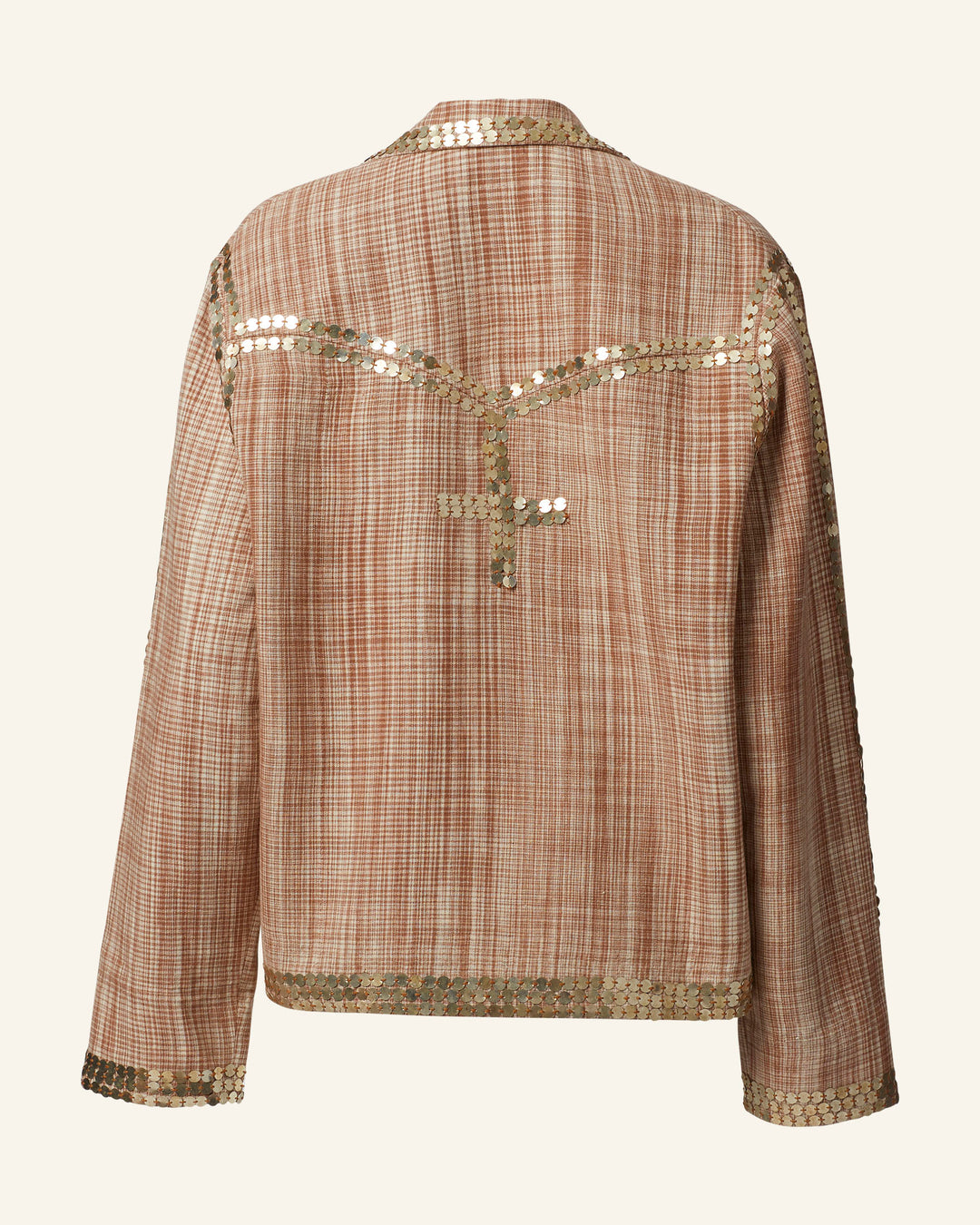 The Western Sand Coin Jacket showcases a back view of a light brown woven design, made from Khadi cotton. It features gold sequin embellishments adorning the shoulders, upper back, and sleeve cuffs. This hand-embellished jacket boasts a checked pattern, offering a textured appearance that highlights the artisan's craftsmanship.