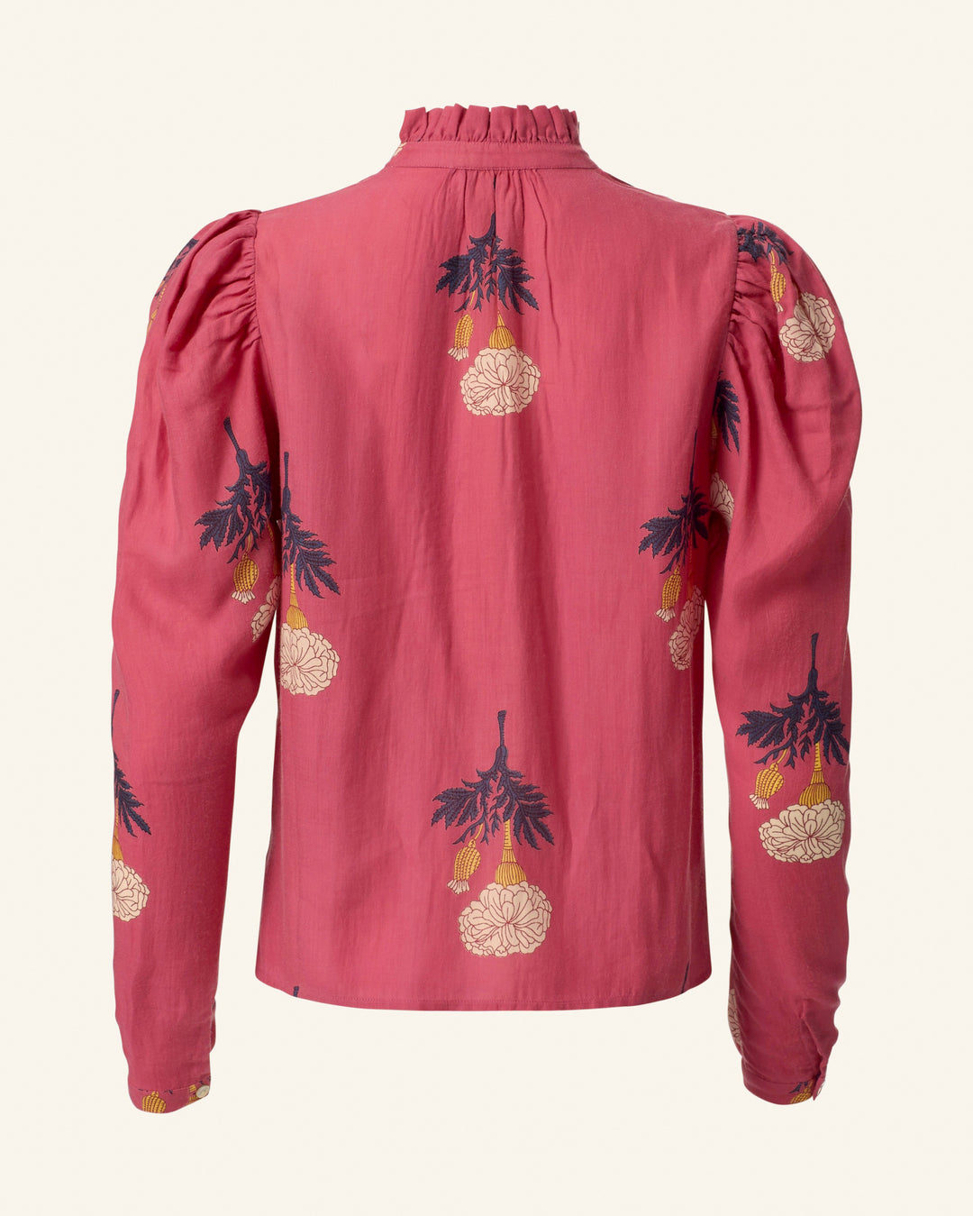 Back view of the Arte Hibiscus Rose Shirt, a long-sleeve blouse in a pinkish-red hue, featuring a ruffled collar and vintage charm. Adorned with a floral pattern showcasing dark leaves and light yellow flowers across the fabric, it boasts puffed shoulders and a smooth texture that embodies classic elegance.