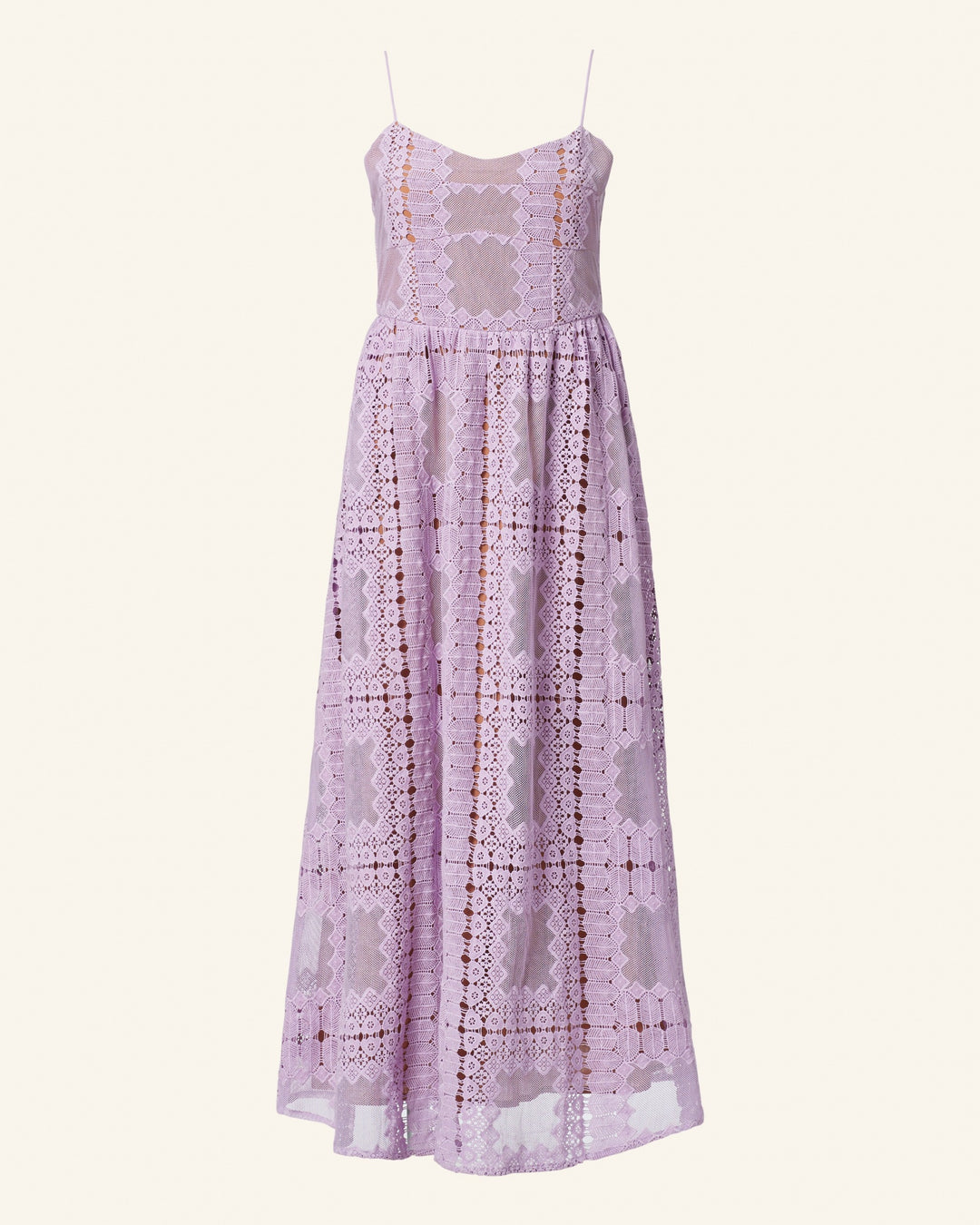 The Autumn Lavender Picnic Dress is a flowy and elegant maxi dress with thin straps, featuring intricate lace patterns and a scalloped hem. It's perfect for a summer event or as exquisite wedding guest attire.