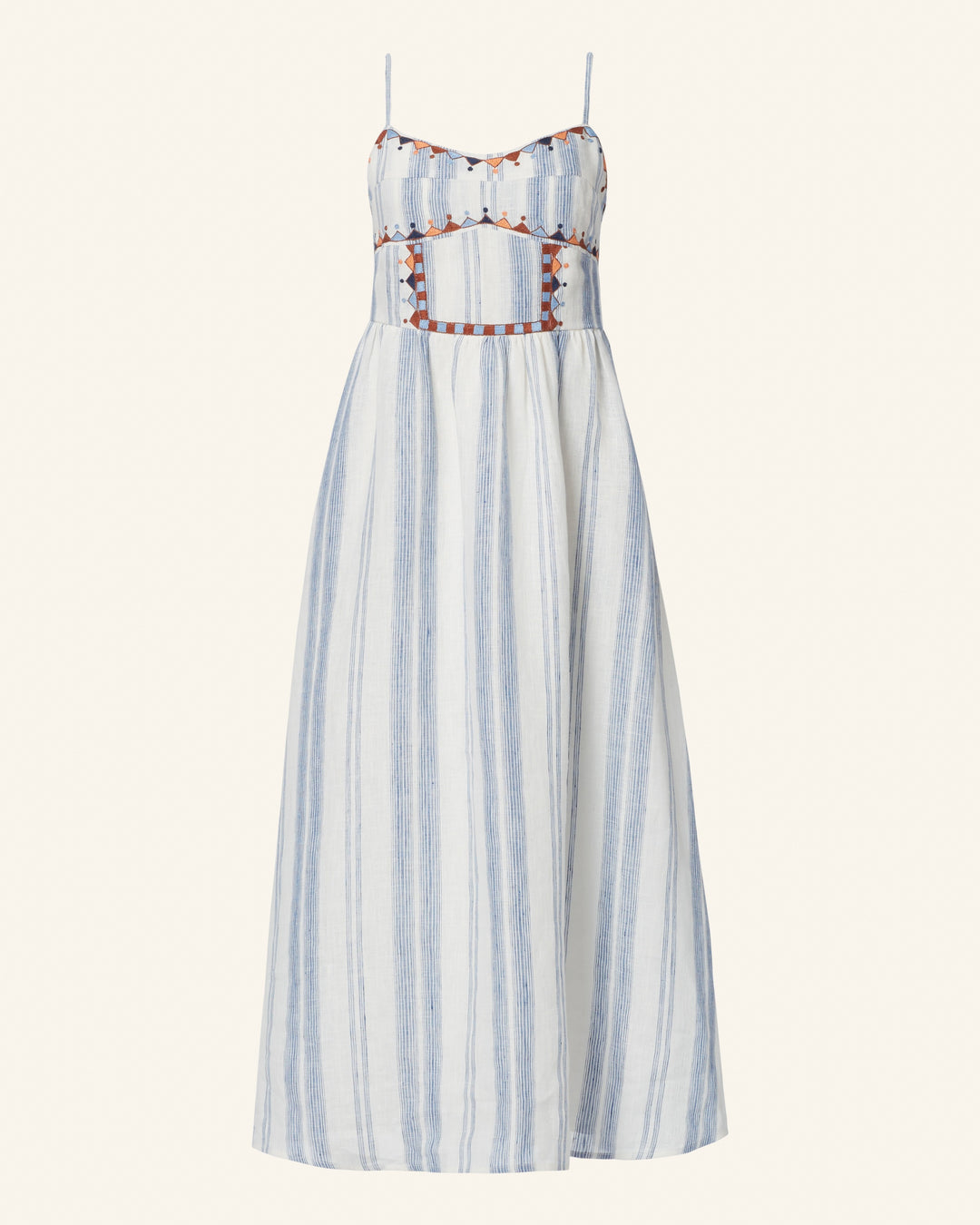 Introducing the Autumn Pacific Delta Dress: A perfect choice for summer occasions, this sleeveless maxi dress features thin straps and elegant vertical blue stripes. Adorned with intricate brown and red embroidery around the bust and waist, it offers a flowing silhouette and a light, airy appearance.