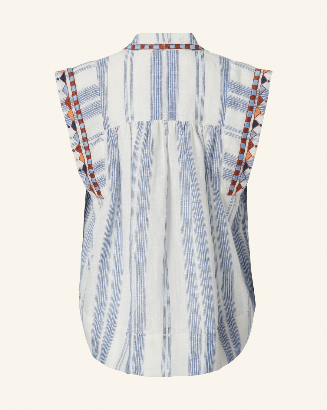 The Nehru Pacific Embroidered Top is a vintage-inspired silk sleeveless piece, featuring blue vertical stripes and orange geometric patterned trim on the shoulders and armholes, shown from the back.