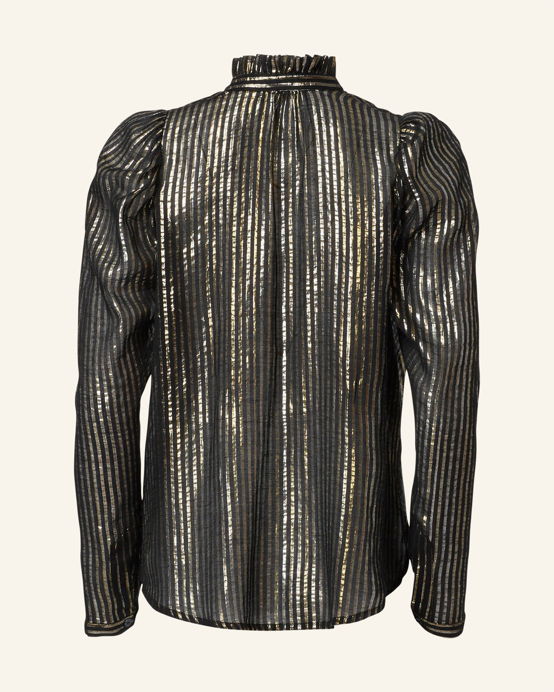 The Artemis Moonlight Shirt, featuring metallic black and gold stripes with long sleeves, a high collar, and puffed shoulders, radiates '70s disco flair when viewed from the back against a plain background.