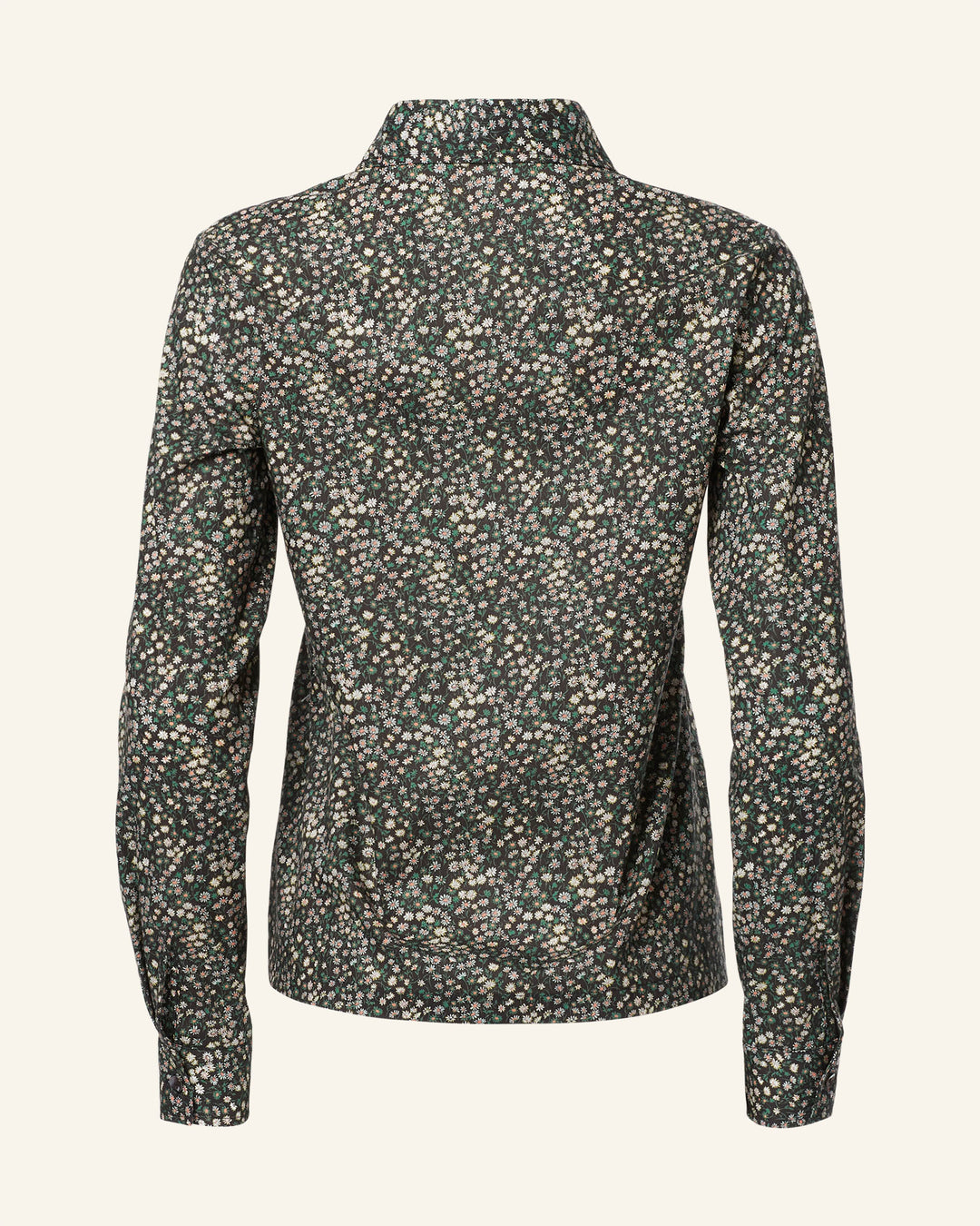 A rear view of the Dolly Moonflower Shirt, a long-sleeved floral top featuring a vintage-inspired Liberty print in dark green.