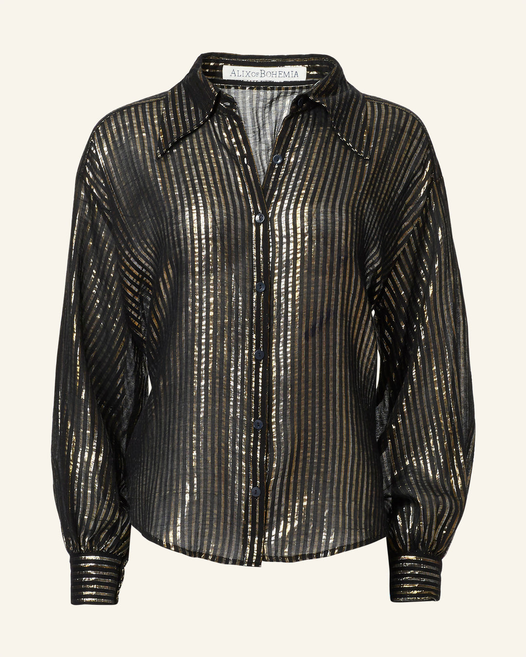 Emery Moonlight Shirt: A vintage-inspired sheer black button-up blouse adorned with metallic gold stripes, complete with a '70s-style wing collar and long sleeves.