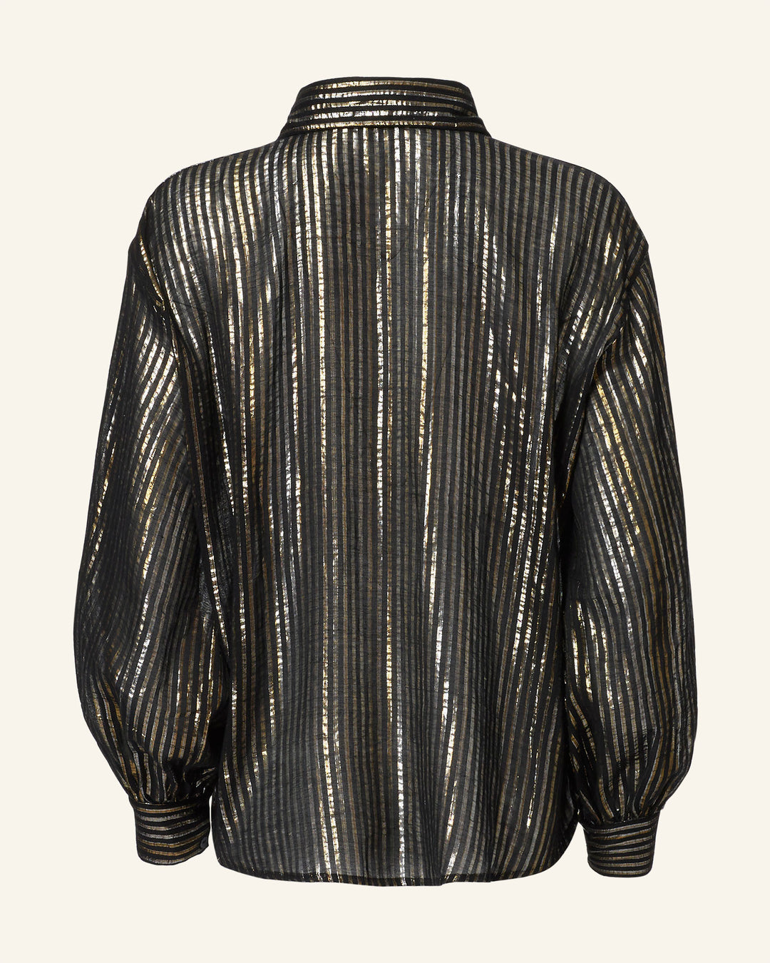 The Emery Moonlight Shirt features a back view of its vintage-inspired metallic stripes, complemented by long sleeves and a '70s-style wing collar.