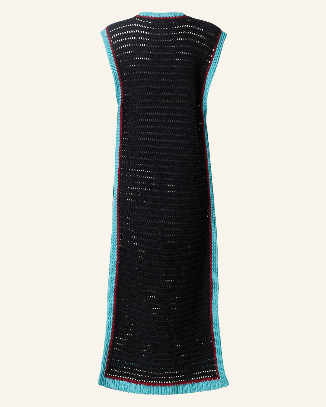 The Omer Equinox Crochet Top is shown from the back against a plain background—it’s sleeveless and vintage-inspired, with turquoise and red trim along the edges.