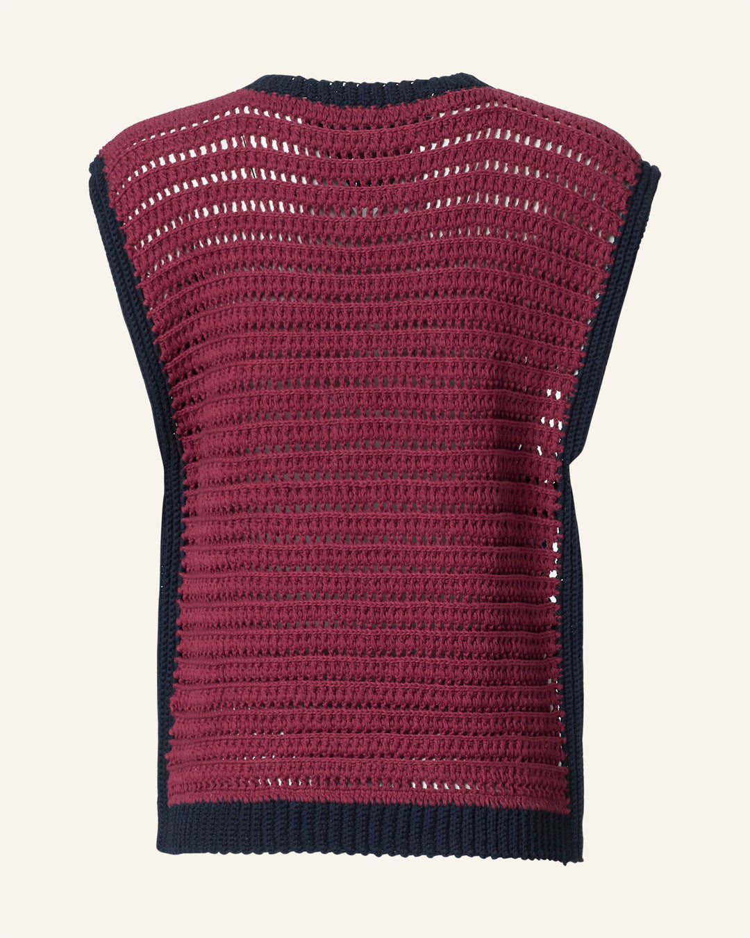 The Oona Mulberry Crochet Top is a sleeveless, loose-knit vest in burgundy with black trim, hand-crocheted and shown from the back against a plain light background.