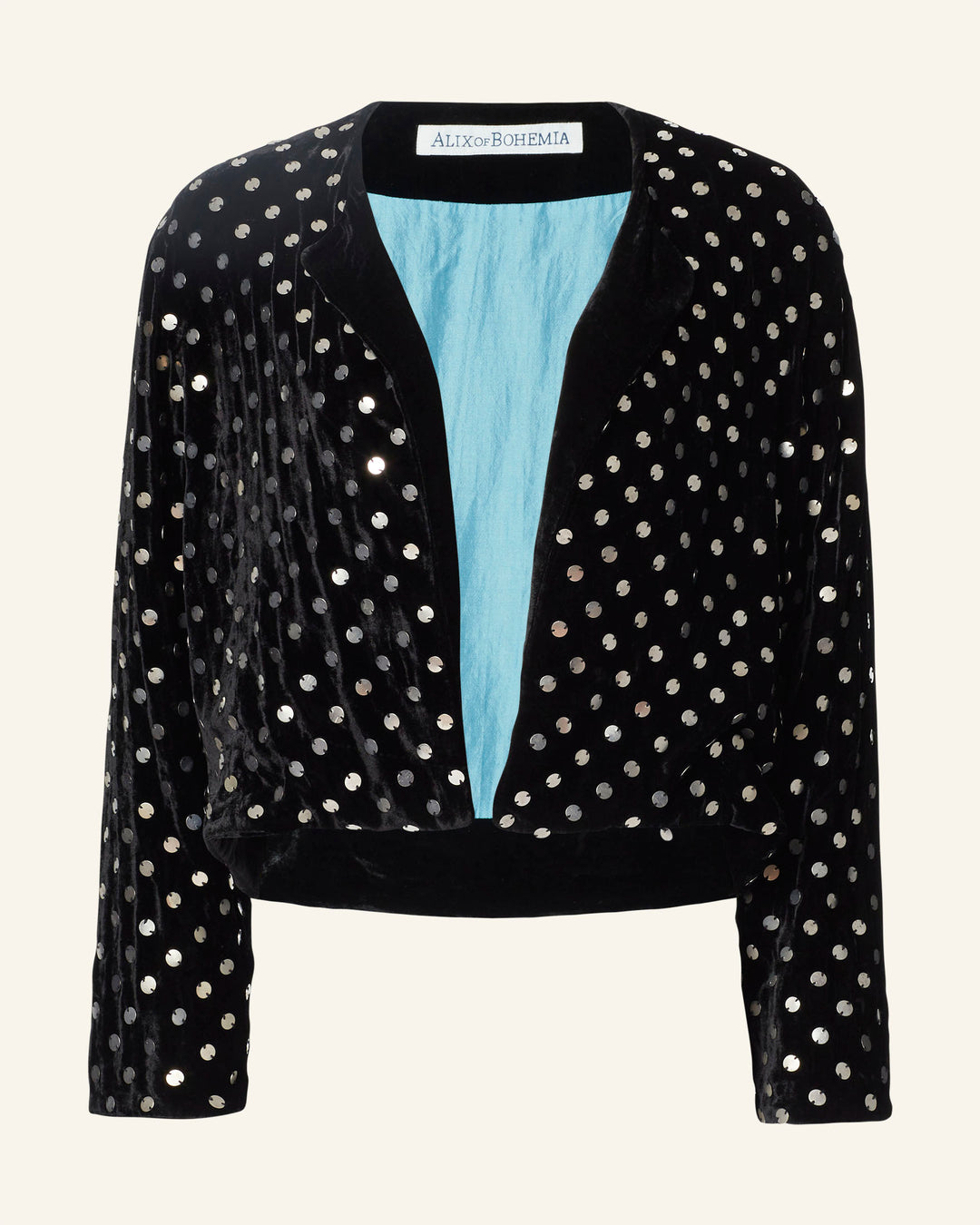 Introducing the Rowan Stardust Velvet Jacket—a sophisticated black evening jacket adorned with silver polka dots and featuring a light blue lining, perfect for any special occasion.