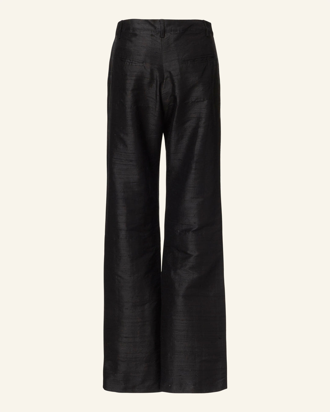 The Elinor Blackjack Silk Pant features a subtle sheen and wide-leg design in black silk, viewed from the back. These high-waist trousers have belt loops, a concealed zipper closure, and pair effortlessly with the Denali Blackjack Blazer for a chic look.