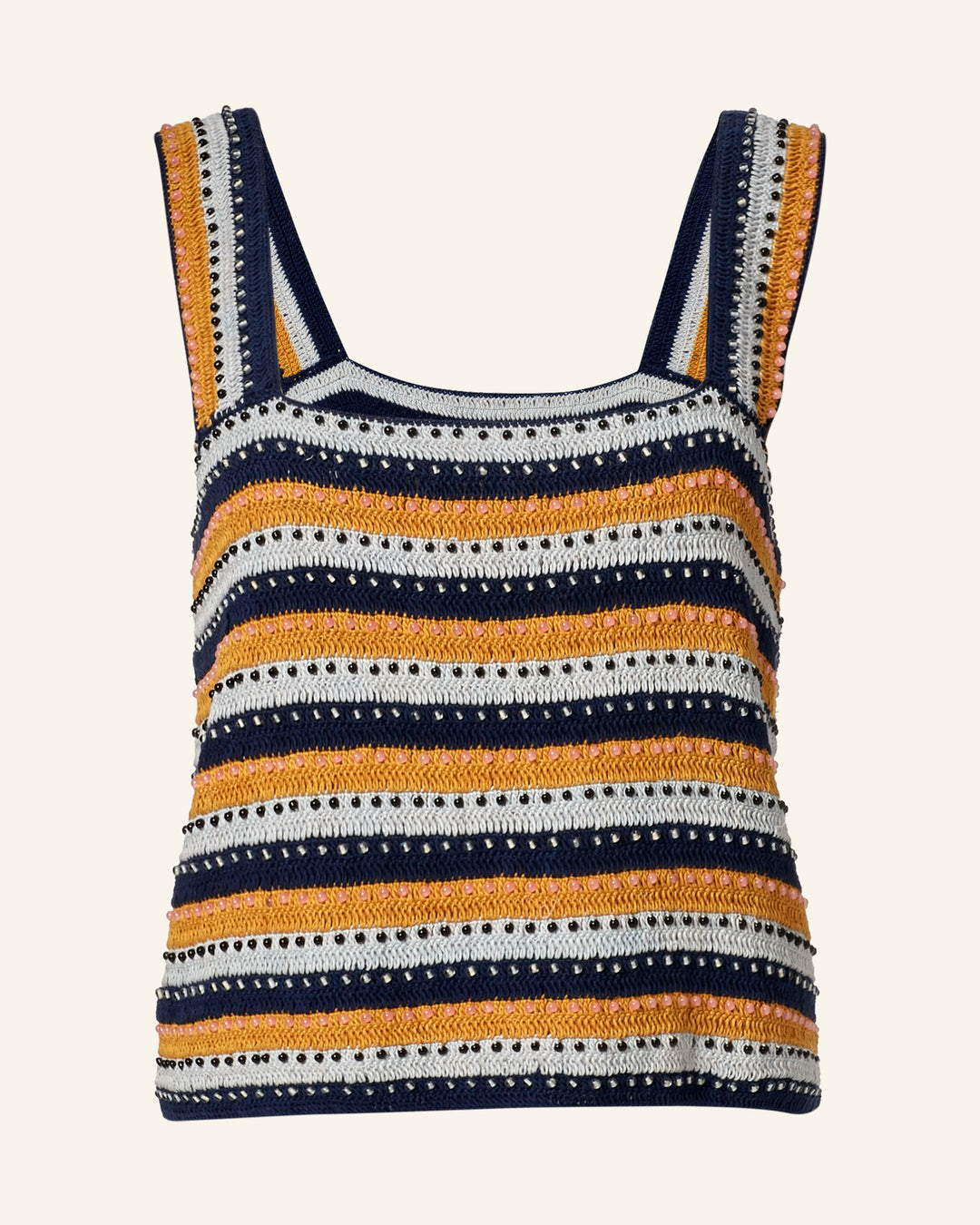 The Mia Mirage Crochet Top is hand-crocheted with horizontal stripes in navy blue, mustard yellow, and white. The sleeveless design features a square neckline and a textured pattern with small eyelets, showcasing the intricate charm of this striped crochet-knit top.