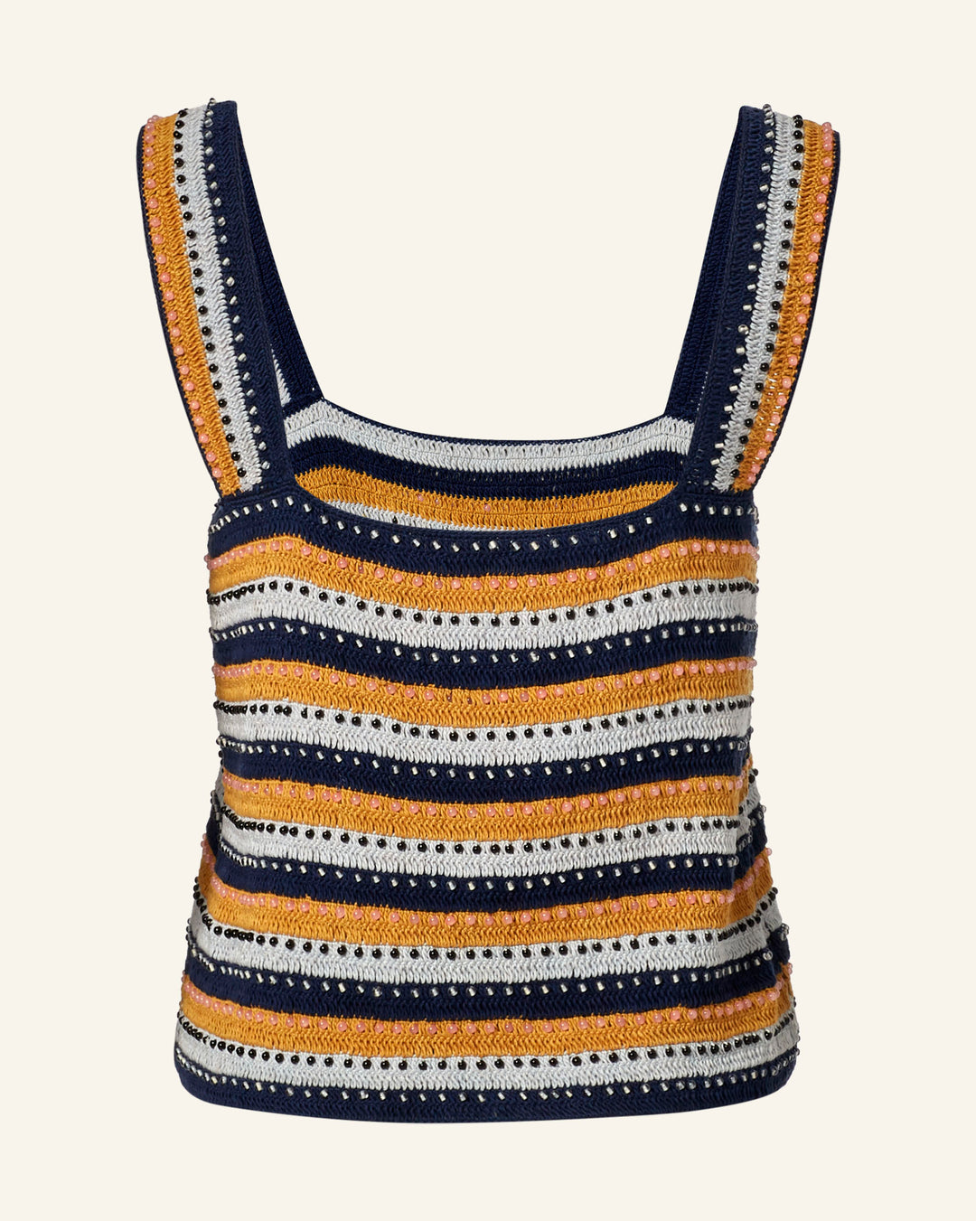 The Mia Mirage Crochet Top is a sleeveless crochet-knit tank featuring navy blue, orange, white, and black horizontal stripes with intricate patterns and multi-colored beads for added flair.