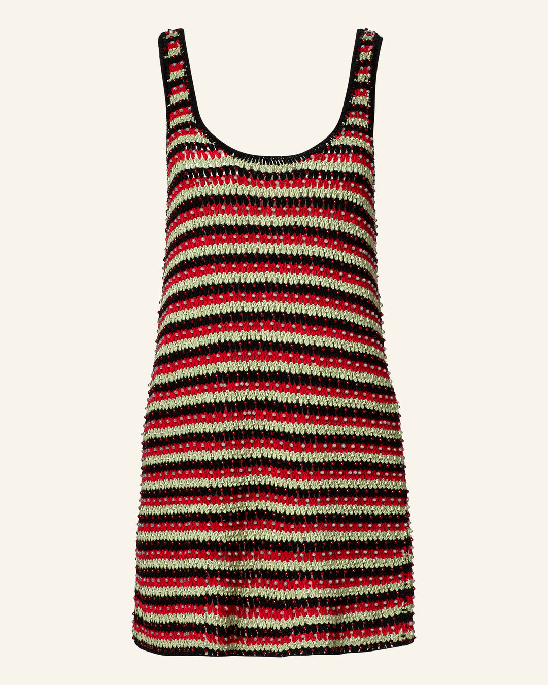 The Tyler Poinsettia Crochet Dress is a sleeveless crochet-knit piece featuring a scoop neckline and horizontal stripes in red, green, and black. Ideal as a beach cover-up, its textured fabric appears hand-embellished with sequins for added shimmer.