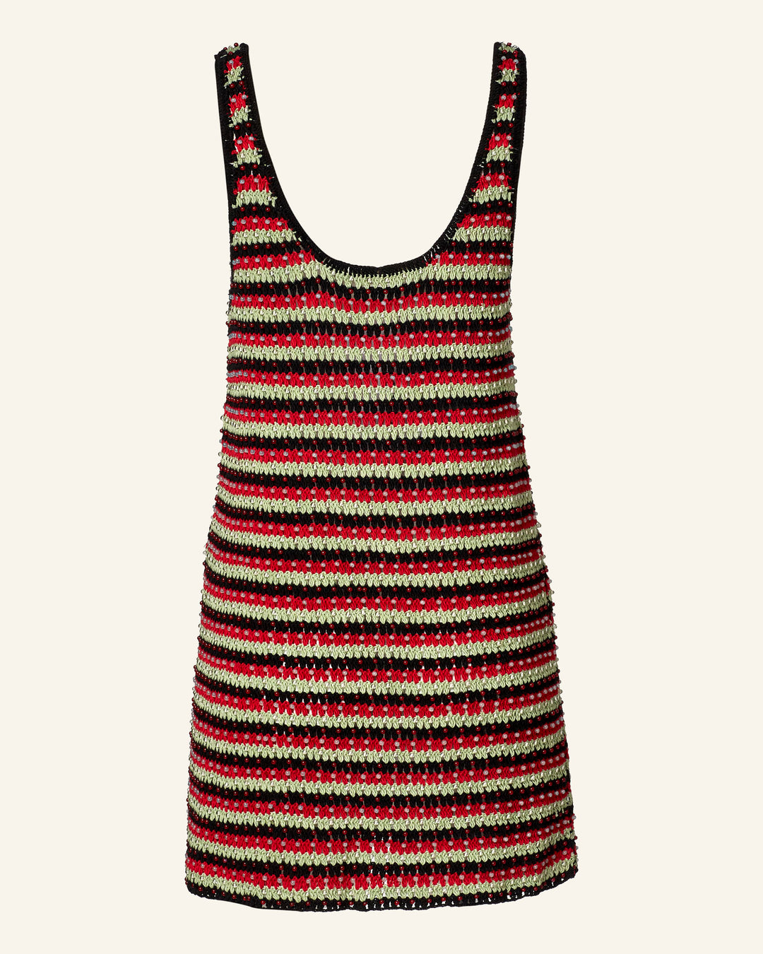 The Tyler Poinsettia Crochet Dress is a sleeveless, hand-embellished top with vibrant green, red, black, and white horizontal stripes. Featuring a scoop neckline and slightly flared hem, it's an ideal stylish beach cover-up or casual layer.