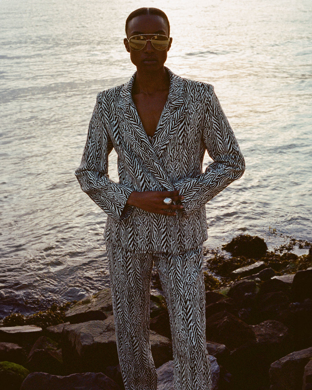 A person stands on rocky terrain by the water at sunset, wearing a striking Dree Zebra Blazer with peak lapels and stylish sunglasses. The sunlight reflects beautifully on the water behind them, creating a stunning silhouette.