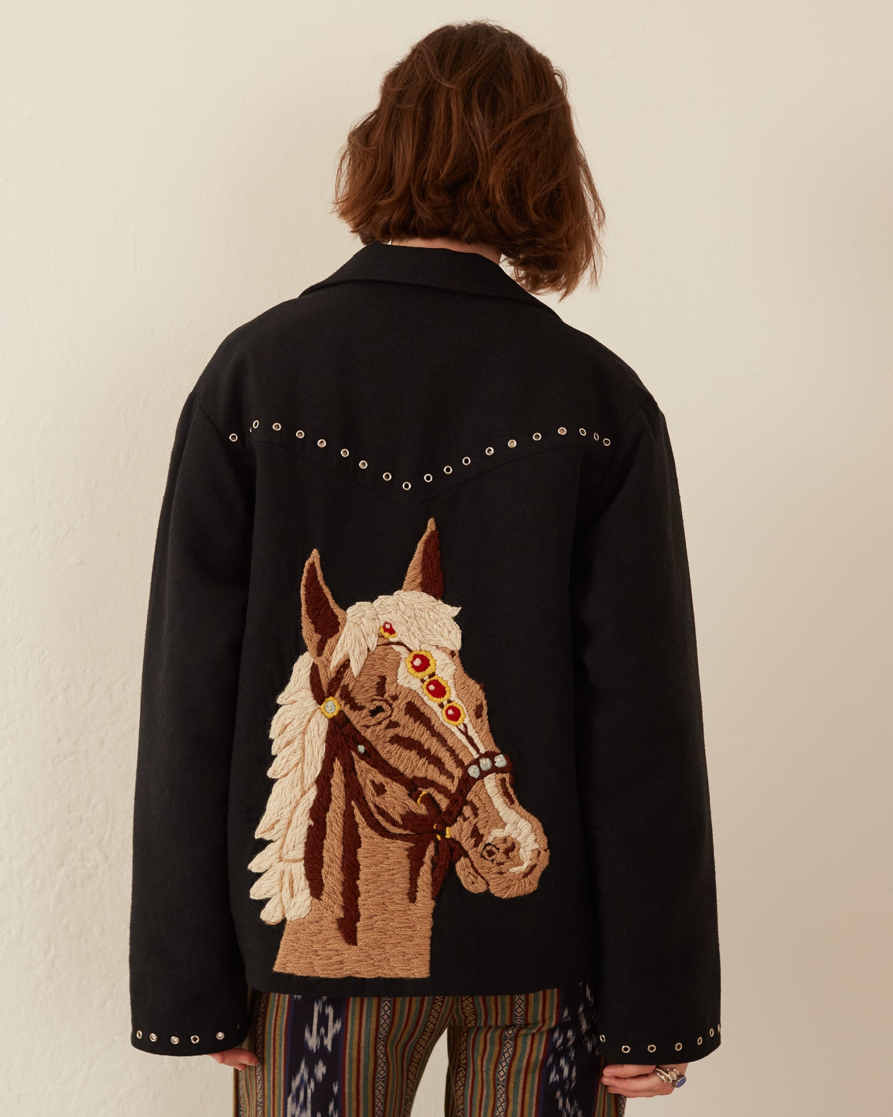 Boho outlet Horse embroidered leather jacket