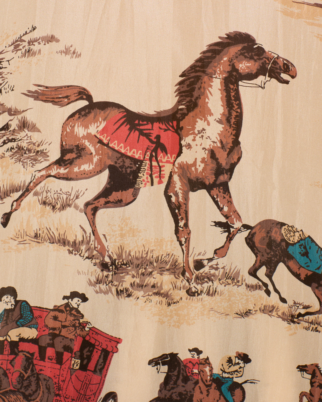 Illustration features a rearing horse with a red saddle, surrounded by riders wearing Dana Canyon Cowboy Silk Shirts on horseback and people in a horse-drawn carriage, all set against a light background.