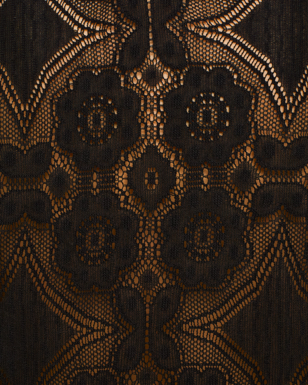 Close-up of the Eloise Shadow Lace Top in black, featuring a symmetrical floral and geometric lace pattern that reveals a light brown background through its openwork design.