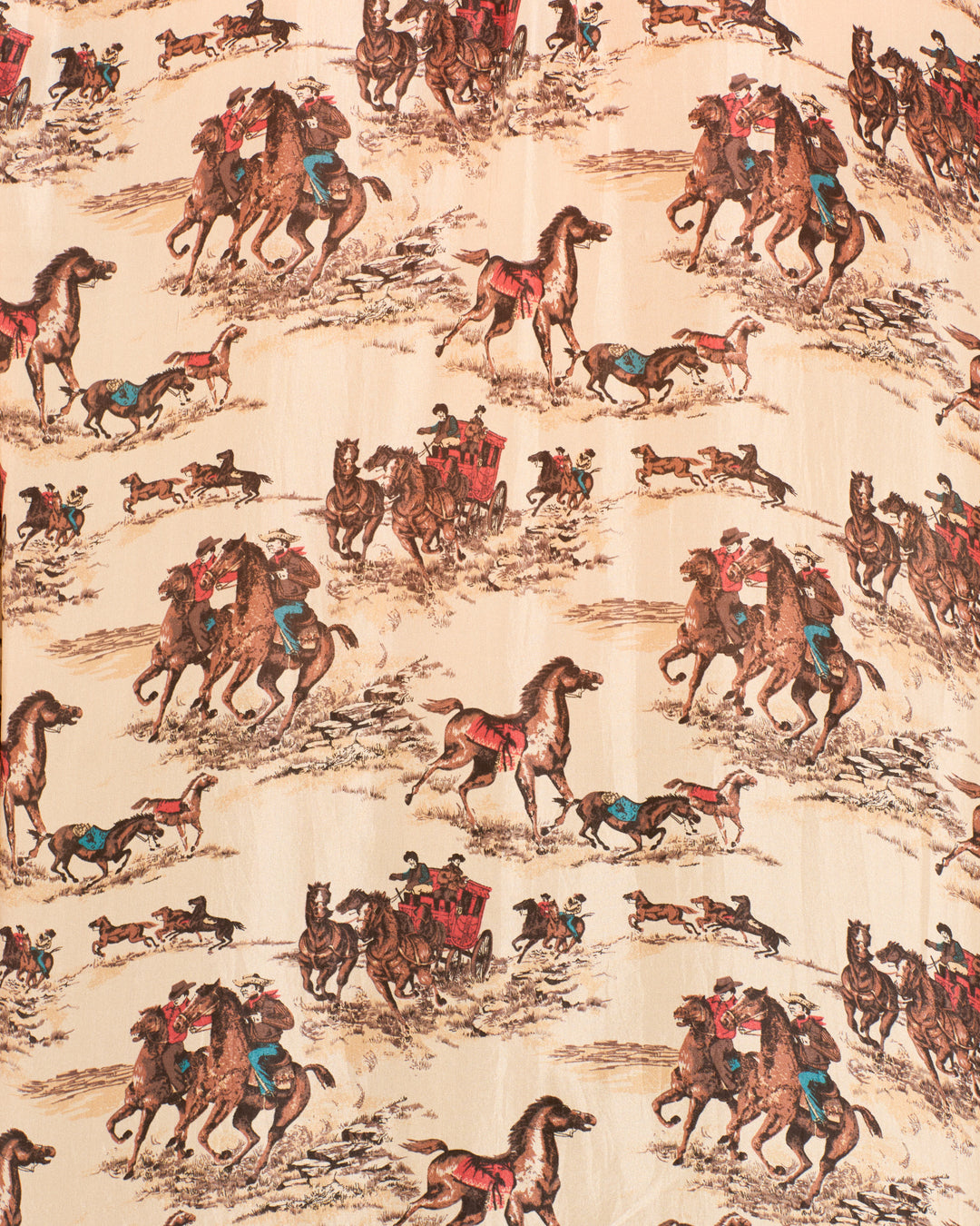 The Kiki Canyon Cowboy Shirt features an illustrated wallpaper pattern of people riding horses, carriages, and running dogs on a beige background, evoking classic Edwardian shirt designs.
