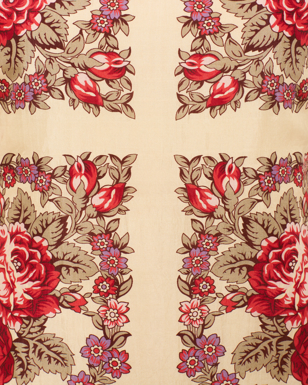 The Preeti Rosebush Silk Dress features beige fabric with a symmetrical floral design of red roses, rosebuds, small purple flowers, and green leaves—perfect for an elegant rose motif look.