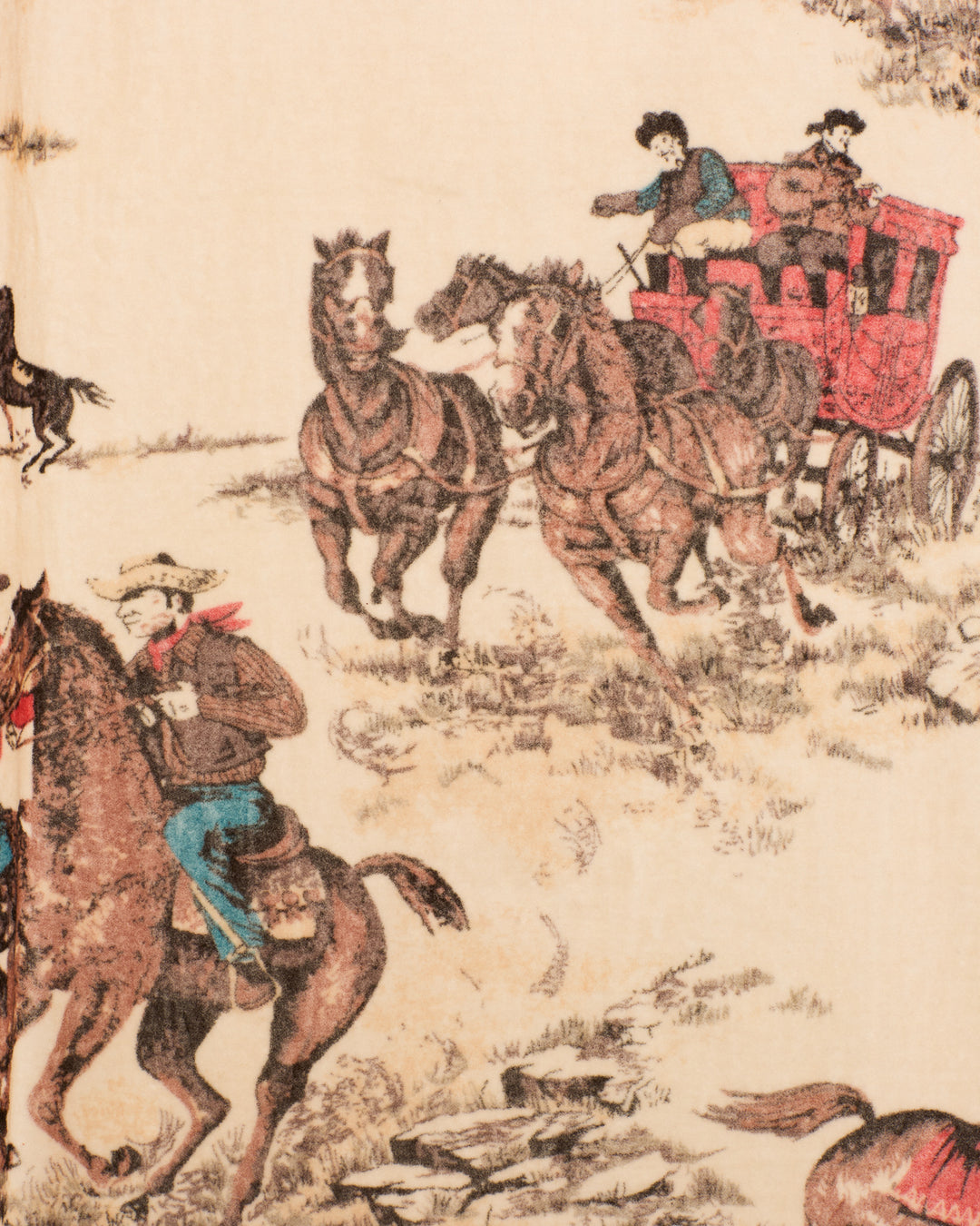 Illustration of a cowboy on horseback wearing Bunny Canyon Cowboy Jeans and a horse-drawn stagecoach with two passengers, all set against a classic Western landscape.